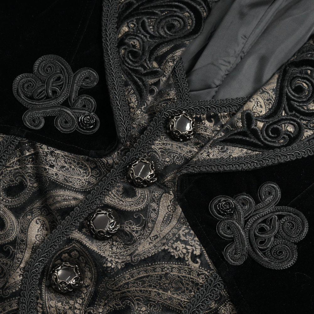 Elegance Black Gothic Tailcoat with Baroque Embroidery detailed close-up of ornate embroidery and buttons.