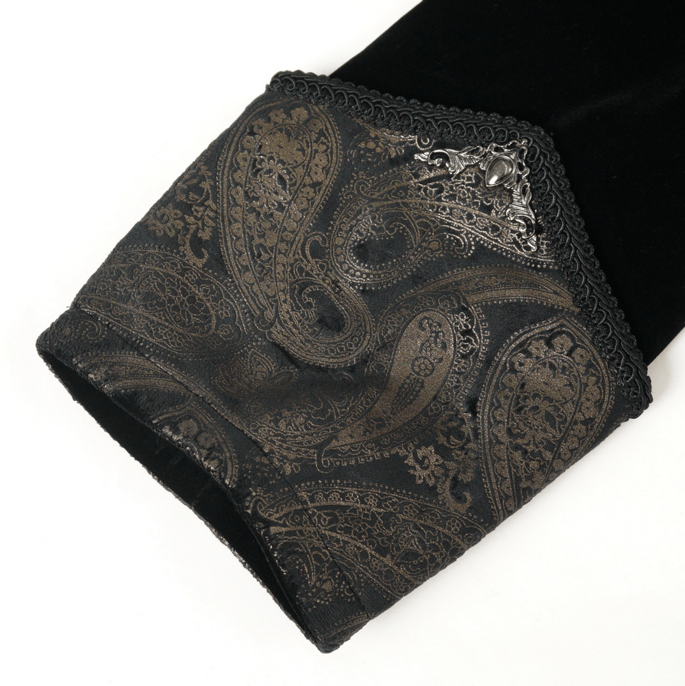 Detail of the cuff featuring ornate baroque embroidery on the Elegance Black Gothic Tailcoat with Baroque Embroidery.