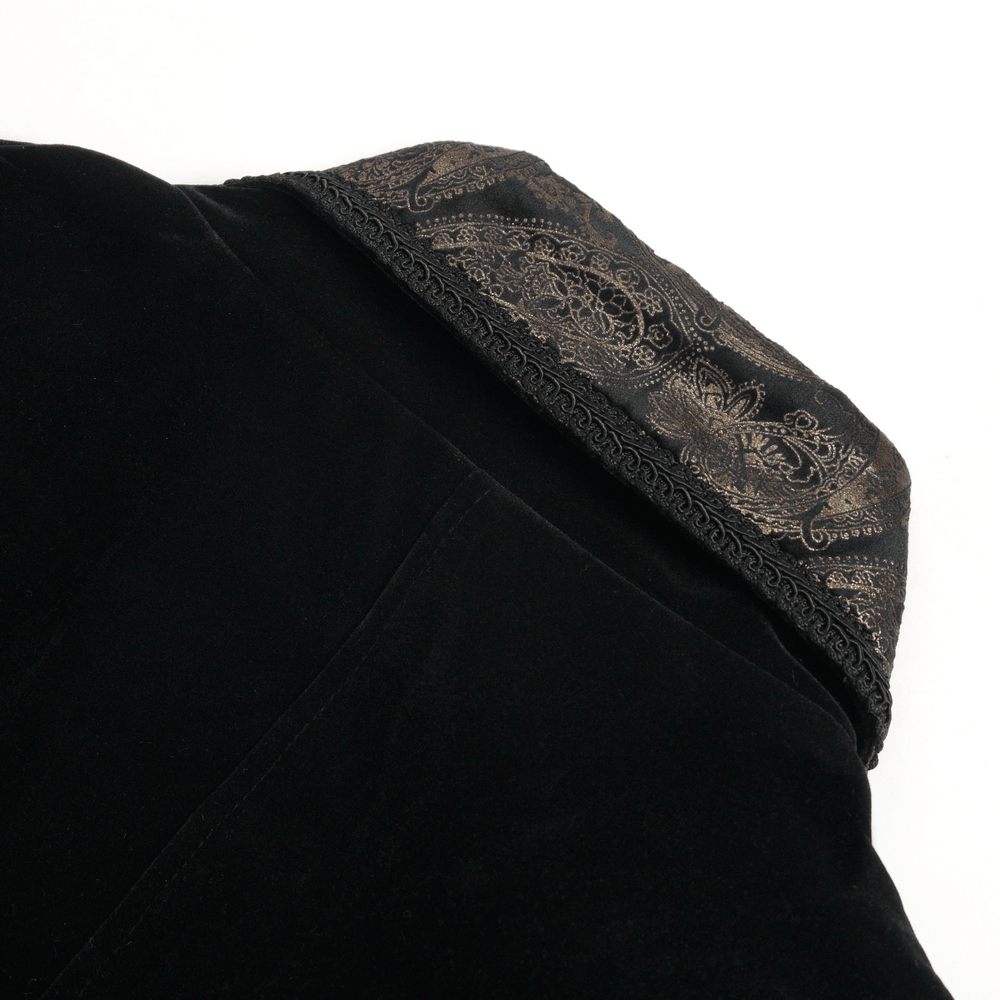 Elegance Black Gothic Tailcoat with Baroque Embroidery showcasing ornate lapel details on a luxurious black fabric.