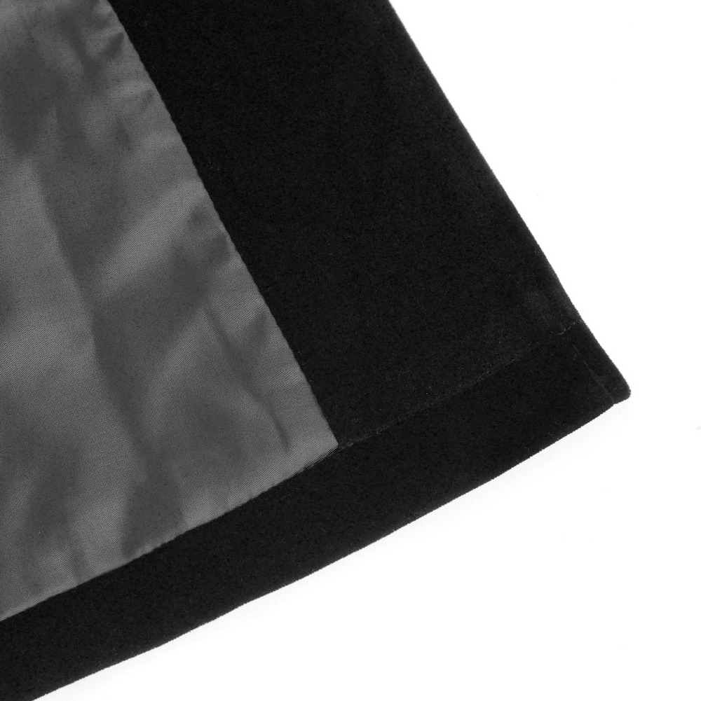 Close-up view of the Elegance Black Gothic Tailcoat with Baroque Embroidery showing the sleek black fabric and detailed hem.