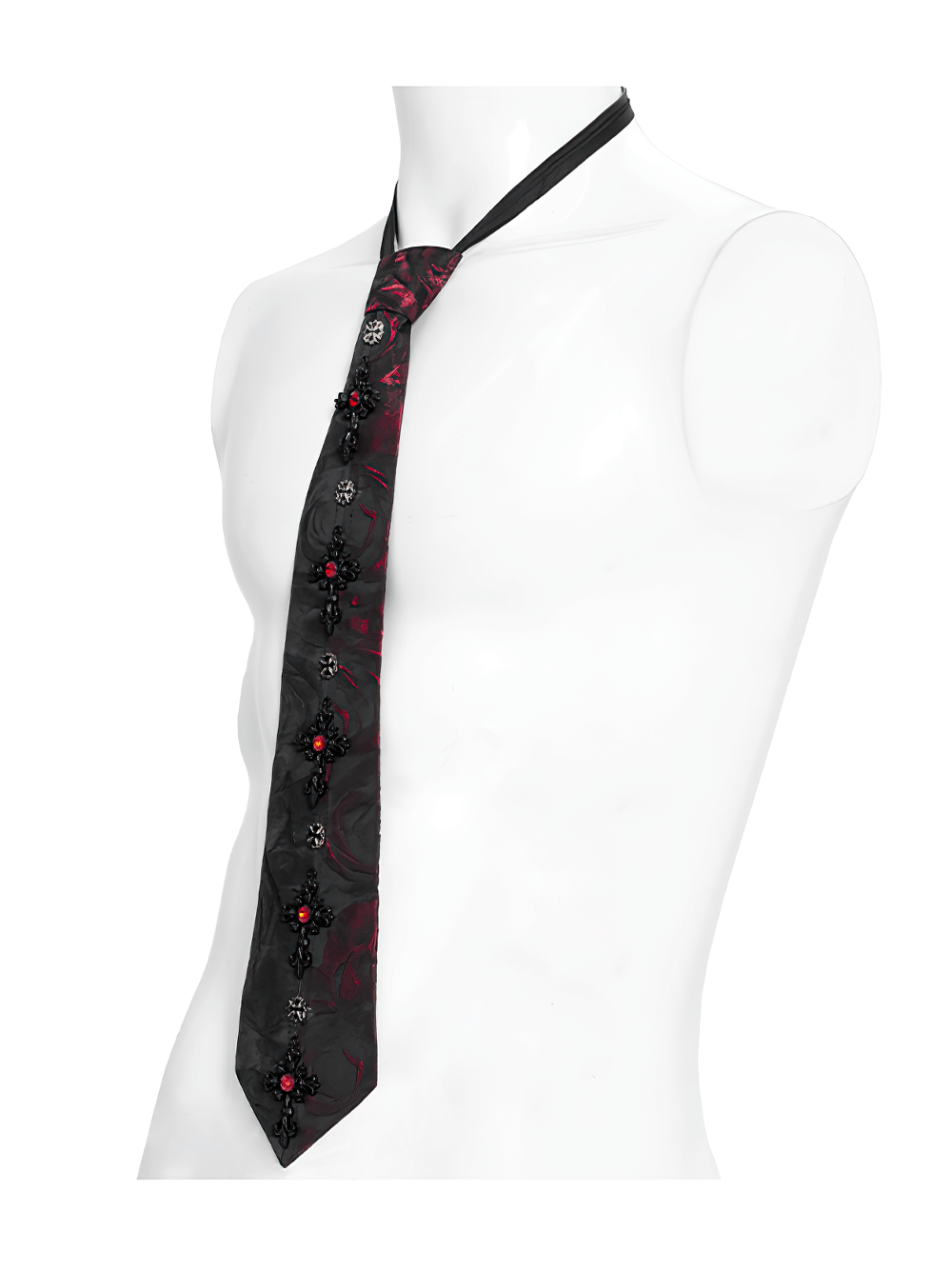 Elegant Gothic red-black floral crystal necktie displayed on a mannequin, showcasing its unique design and embellishments.