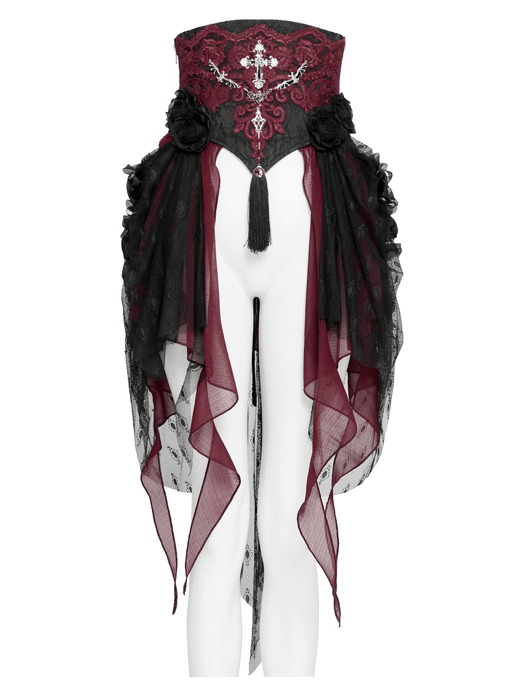 Alt Tag: Elegant Red-Black Gothic Lace Corset Belt with Overskirt with cross embroidery, black roses, tassel and layered mesh train