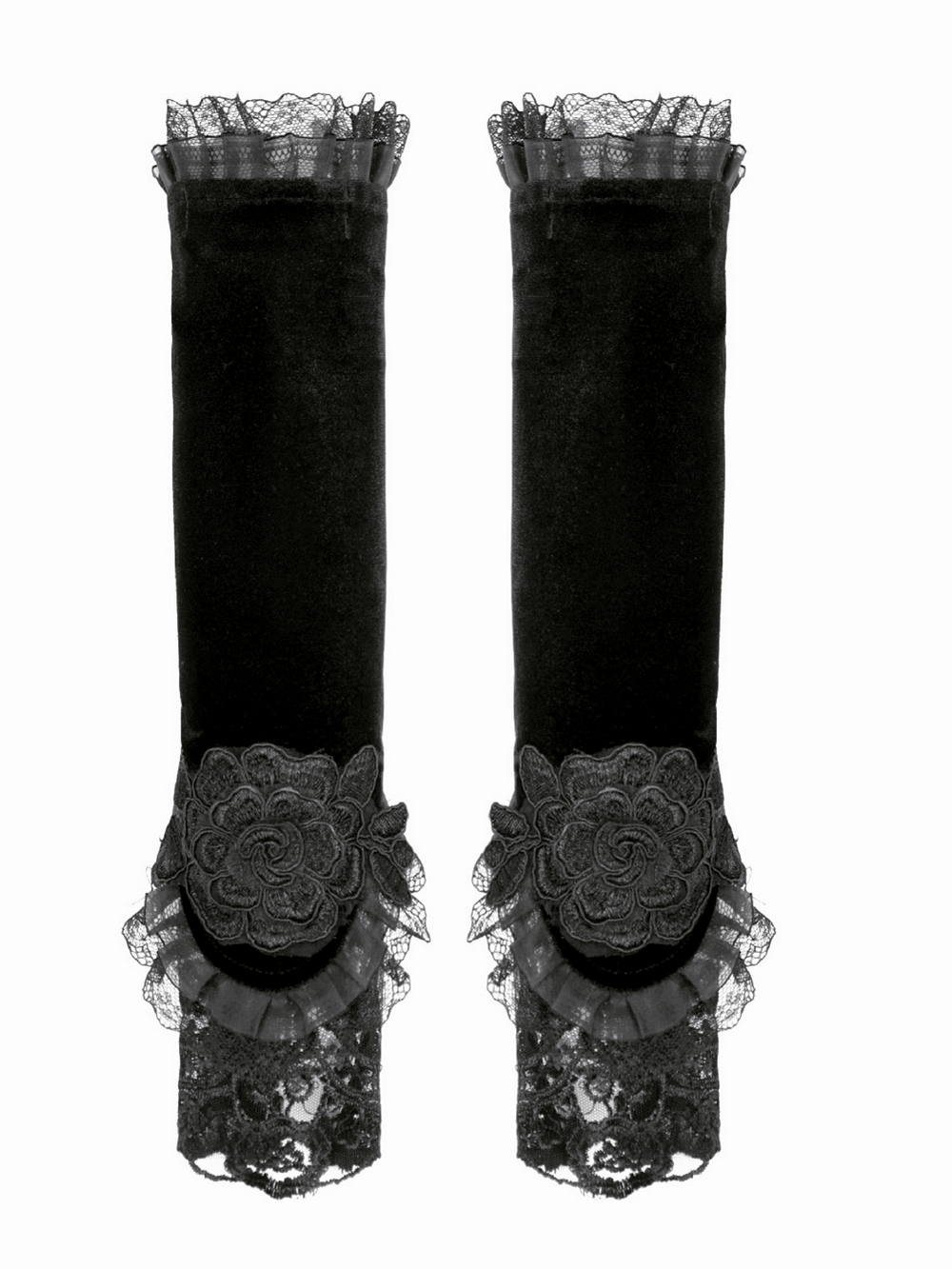 Elegant Velvet Arm Warmers with Lace and Floral Details, featuring lace trim and floral embroidery in black.