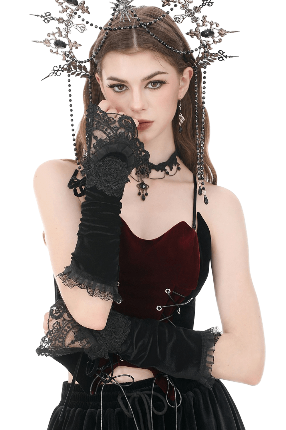 Elegant Velvet Arm Warmers with Lace and Floral Details worn by a model showcasing gothic fashion style.
