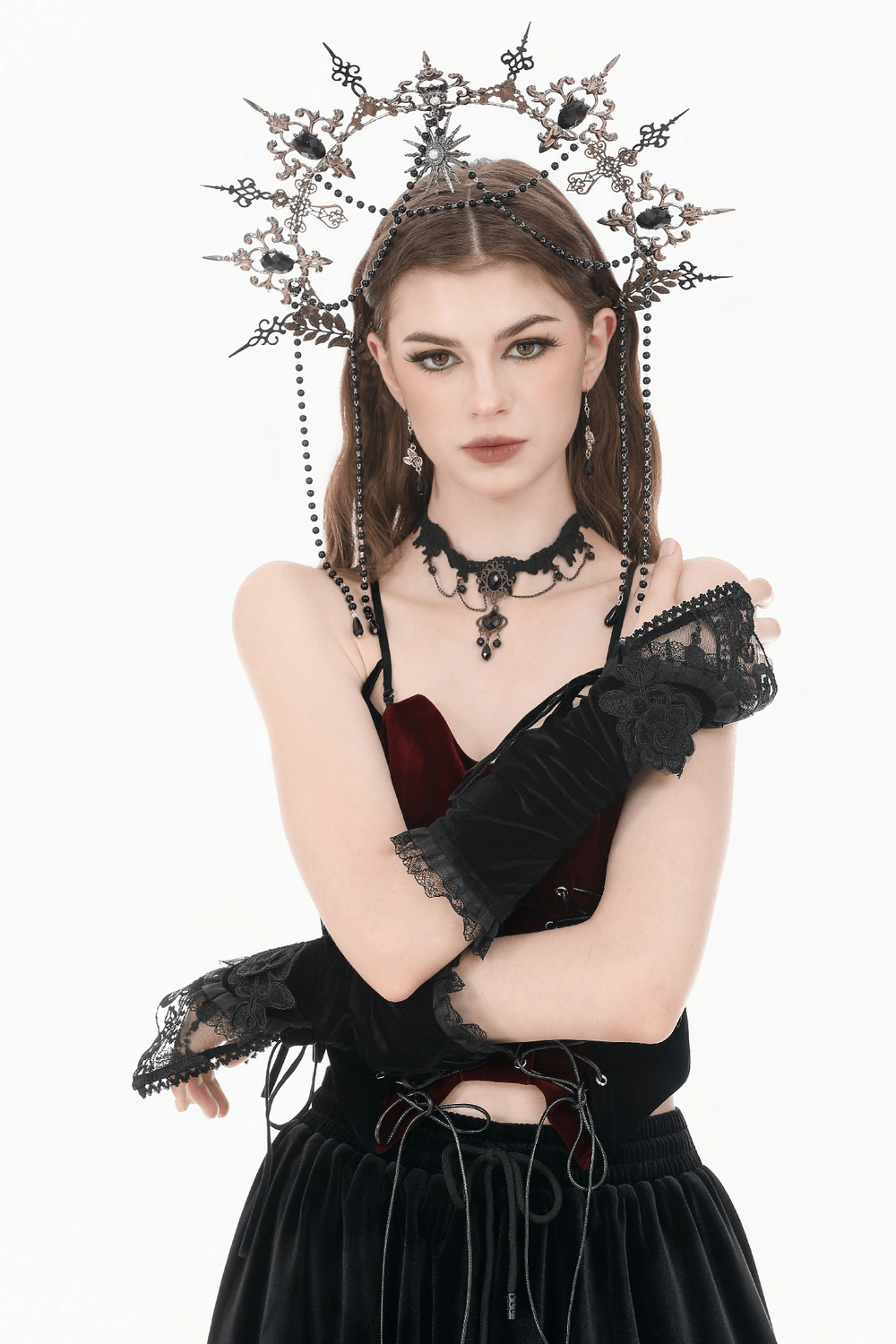 Elegant Velvet Arm Warmers with Lace and Floral Details worn in a gothic fashion display.