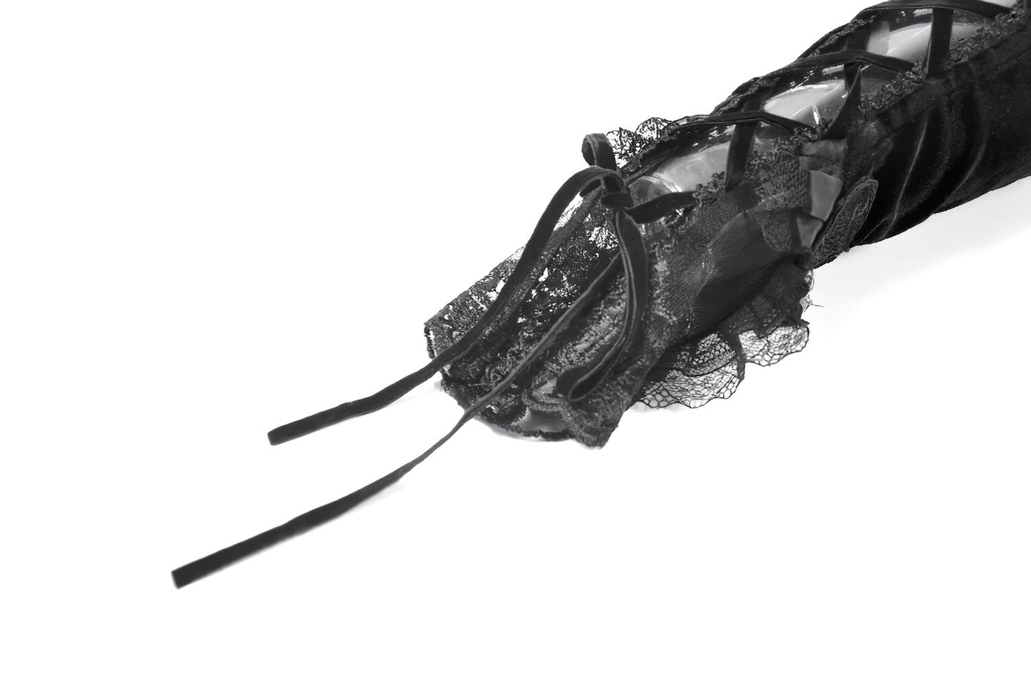 Elegant Velvet Arm Warmers with Lace and Floral Details showcasing intricate lace trim and ribbon detailing.