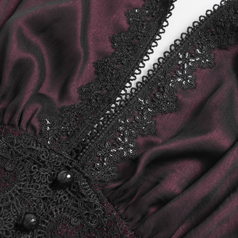 Elegant Victorian Lace Halter Corset Top with Ruffled Hem featuring black lace and deep red fabric detail.