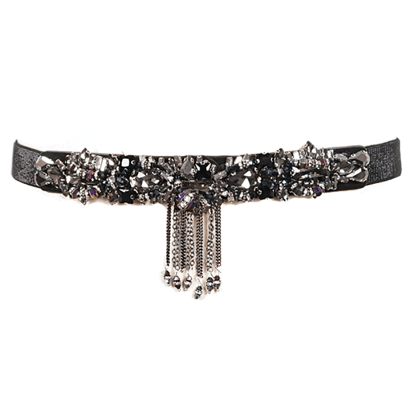 Fashion black crystal glass tassel belt for women in gothic punk style, featuring elegant embellishments.