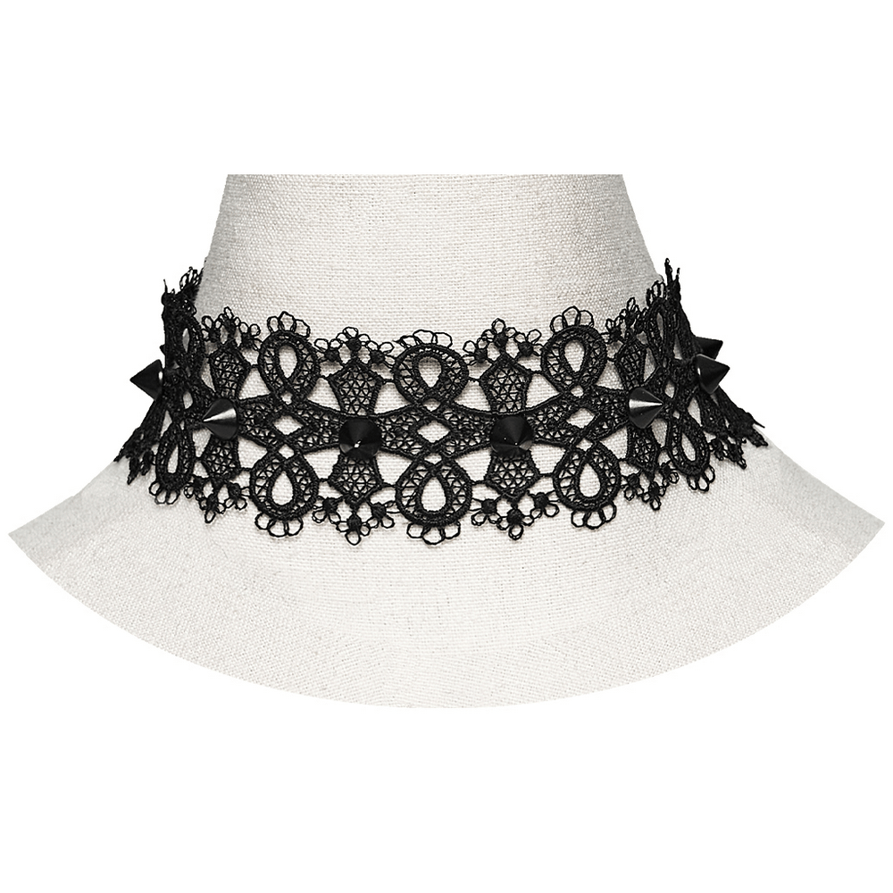 Female Gothic Lace Choker with Black Spike Stud featuring intricate lace and sharp accents, perfect for dramatic outfits.