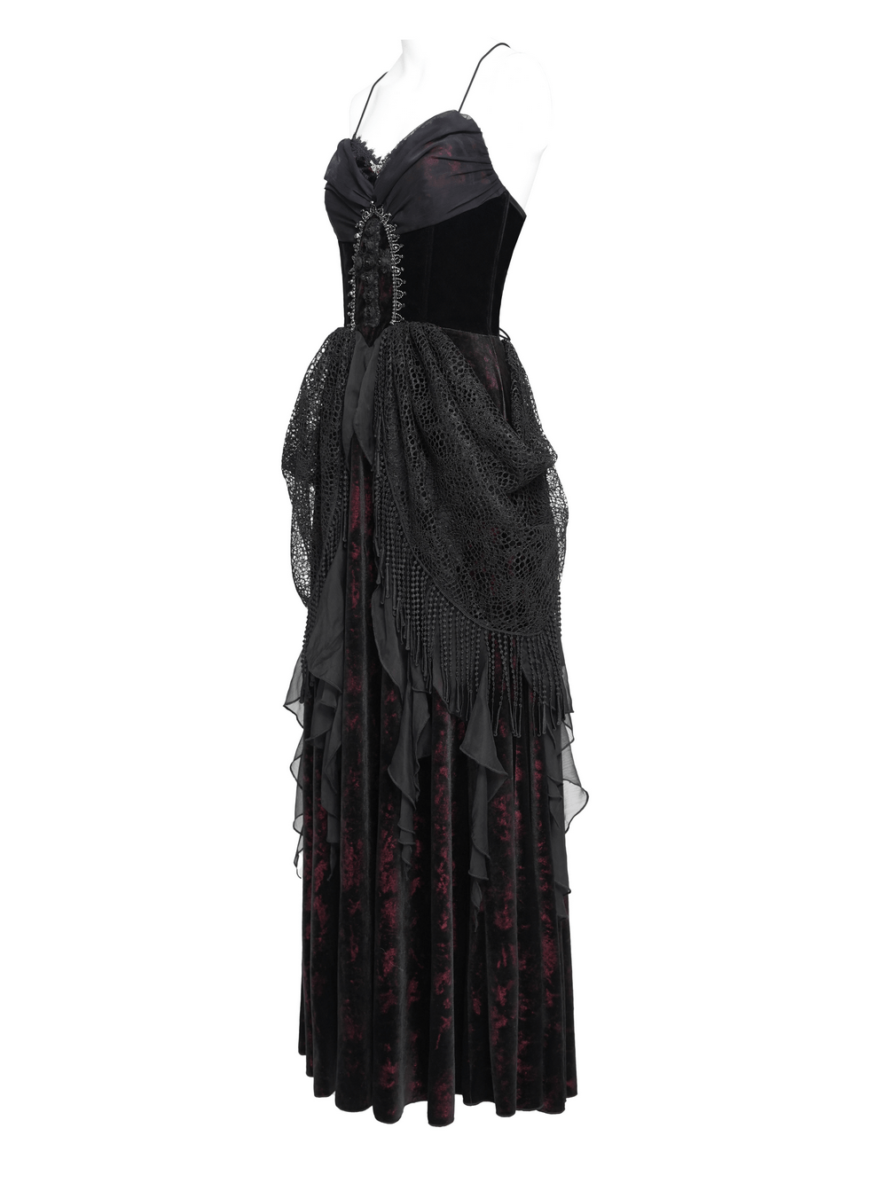 Female Gothic Lace-Up Dress with Ruffled Tulle Layers showcasing off-shoulder design and fringe details.