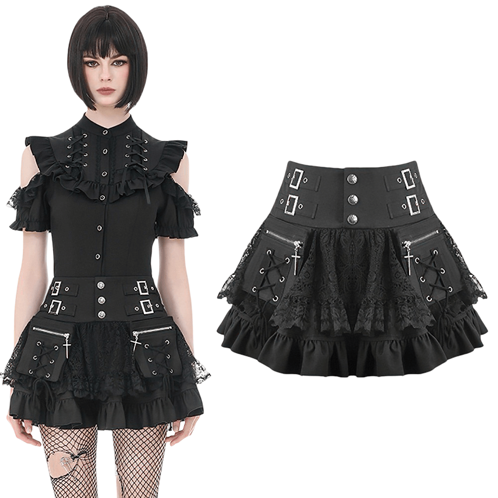 Female Lace Mini Skirt with Buckled Waist and Cross Zips in black, featuring layered lace ruffles and corset details.