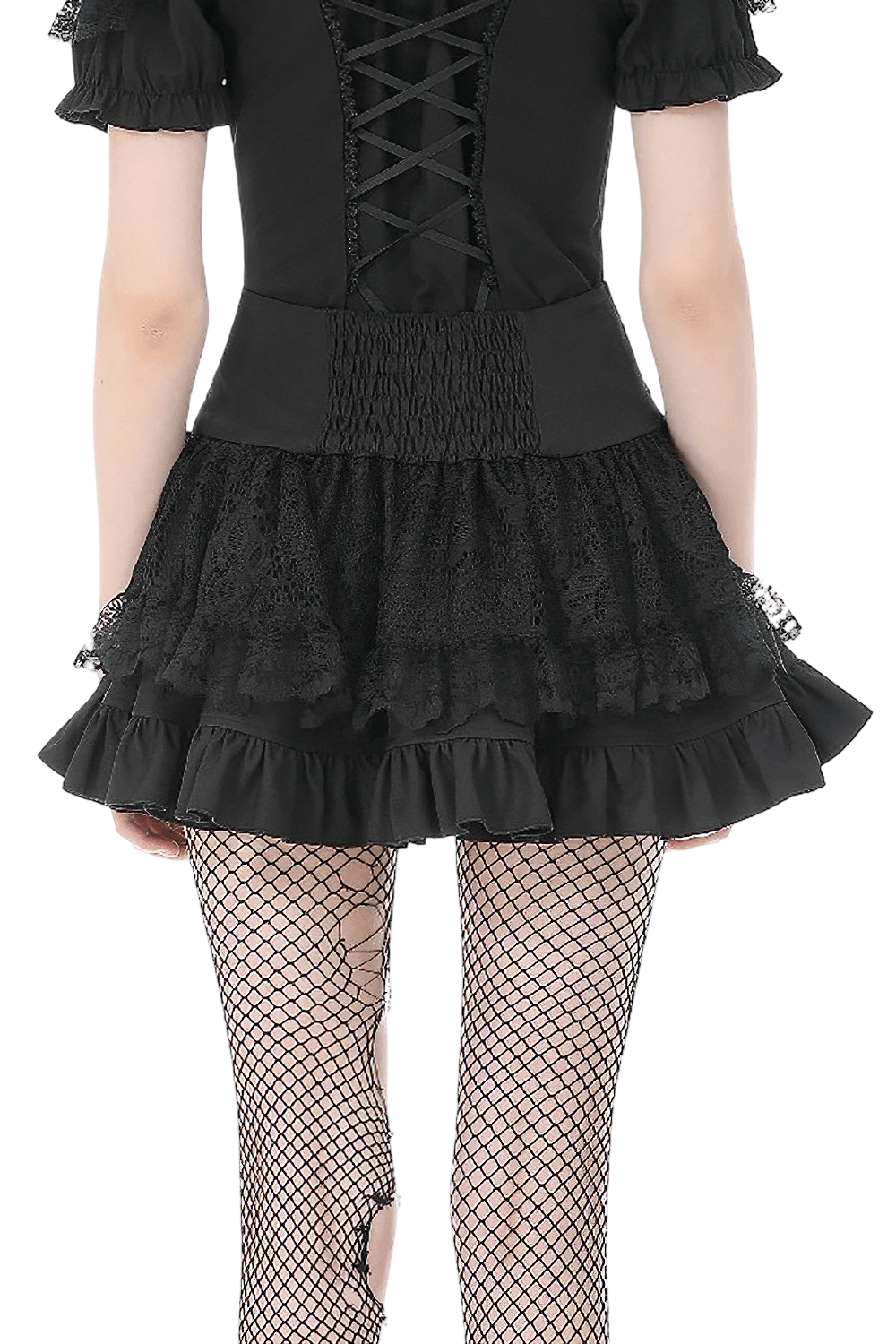 Female Lace Mini Skirt with Buckled Waist and Cross Zips featuring layered lace ruffles and corset details.