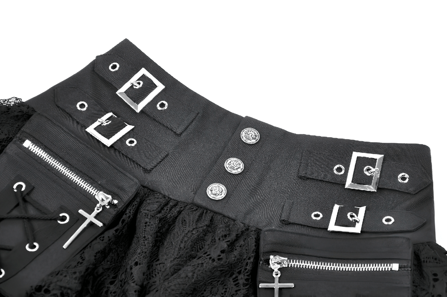 Female Lace Mini Skirt with Buckled Waist and Cross Zips detailed view of buckles and zippers