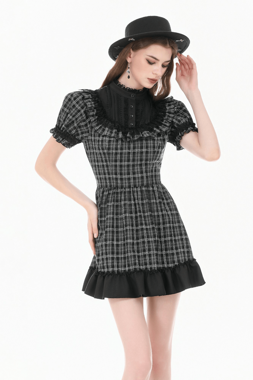 Female Plaid Lolita Dress with Lace Ruffle Trim and Bow worn by a model in black and gray tartan, showcasing elegance and charm.