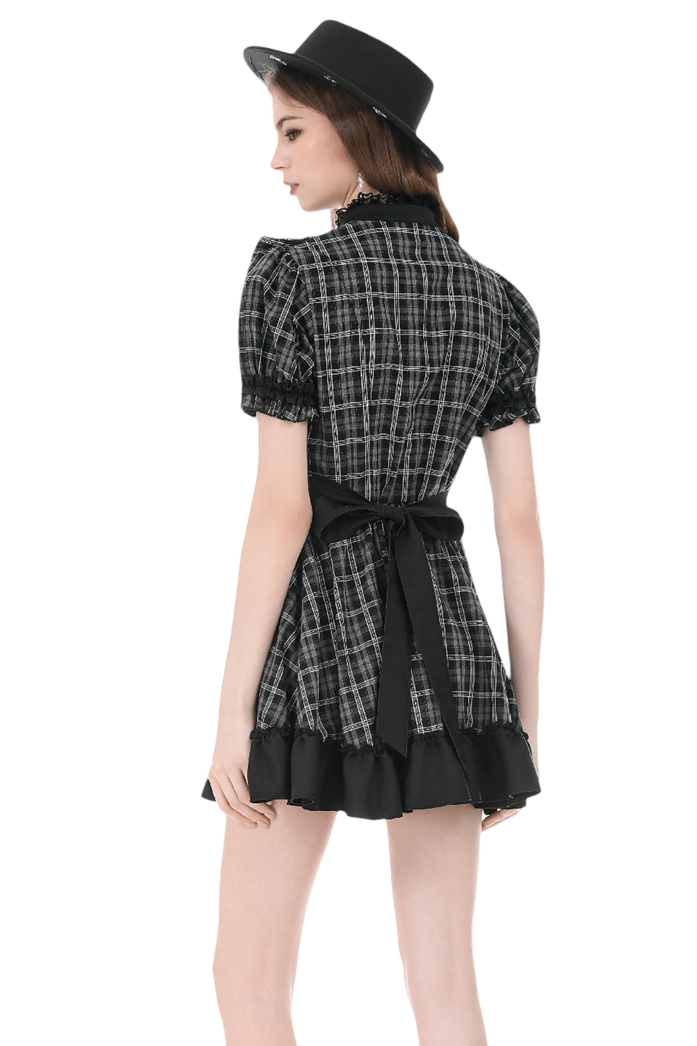 Female Plaid Lolita Dress with Lace Ruffle Trim and Bow displayed from the back, showcasing puff sleeves and waist tie.