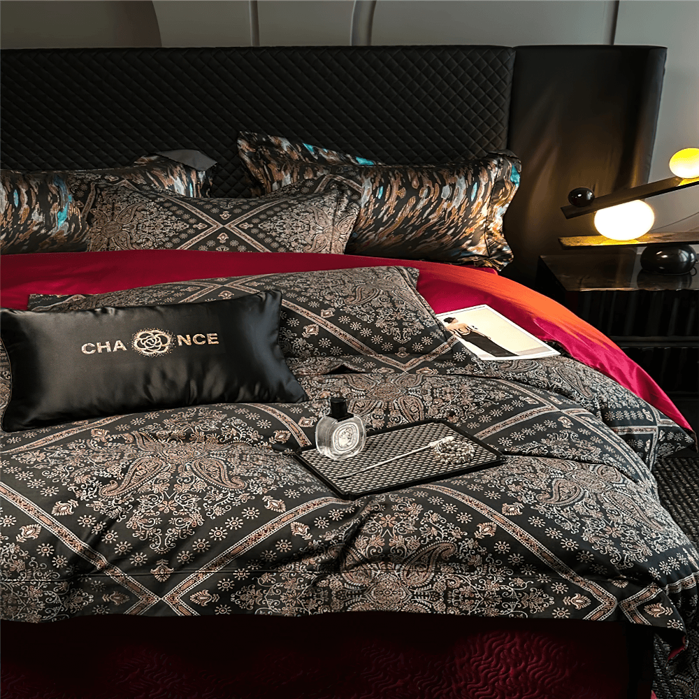 Four Piece Cotton Bed Set with Fitted Sheet and Shams styled on a modern bed with decorative pillows and accessories.
