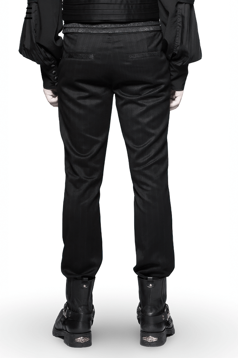 Back view of stylish black striped steampunk pants with elegant belt, perfect for a gothic aesthetic.
