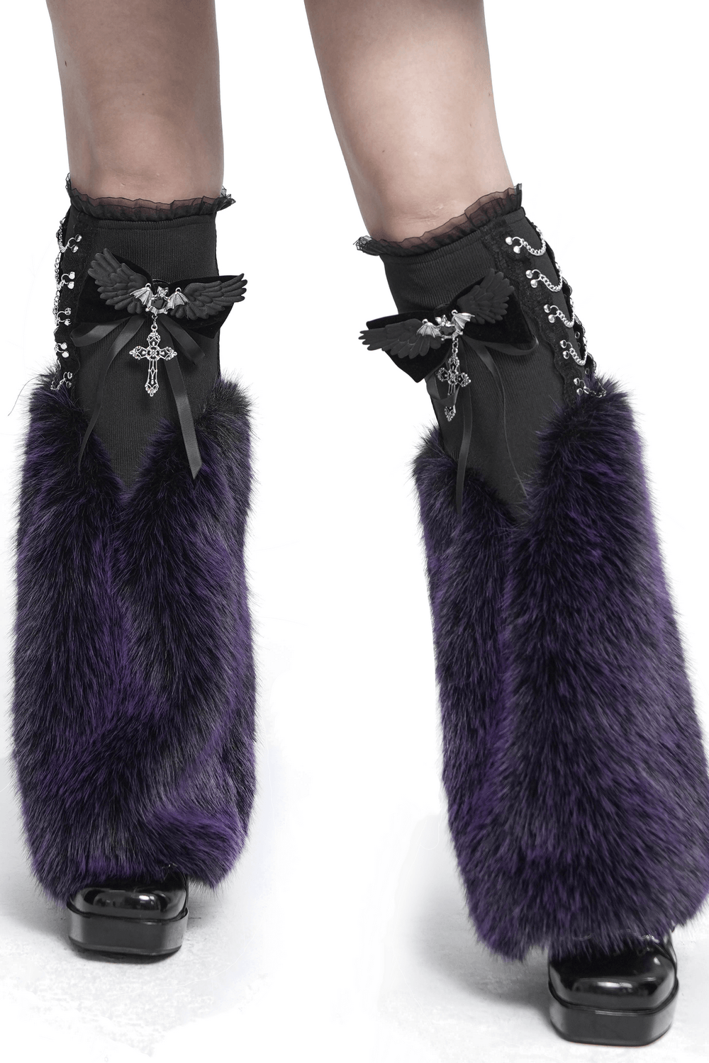 Goth Bat Wing Bow Brooch with Cross Pendant and Ribbon worn with stylish purple fur leg warmers.