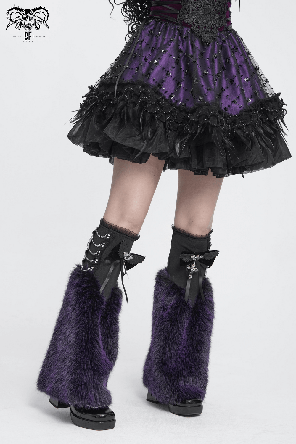 Goth Bat Wing Bow Brooch with Cross Pendant and Ribbon with stunning purple fur and dramatic skirt ensemble.