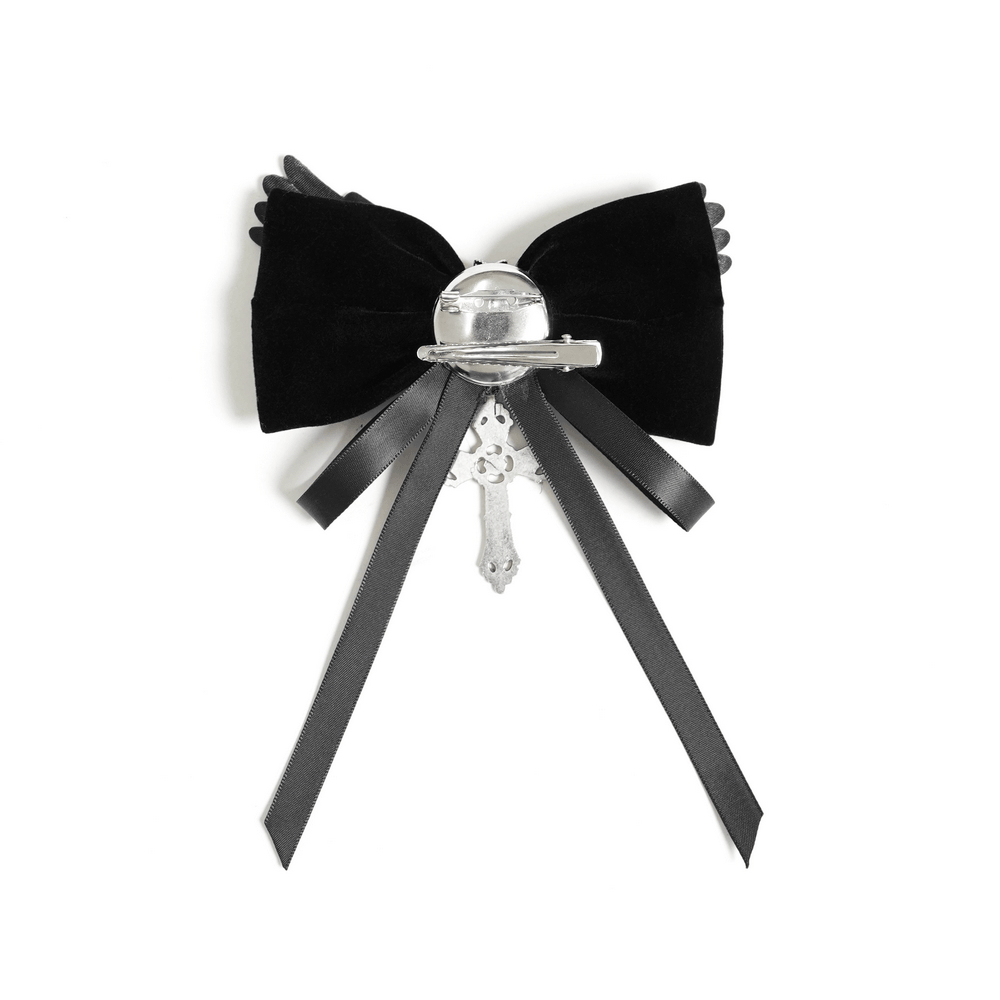 Goth Bat Wing Bow Brooch with Cross Pendant and Ribbon, featuring velvet bow and ribbon details.