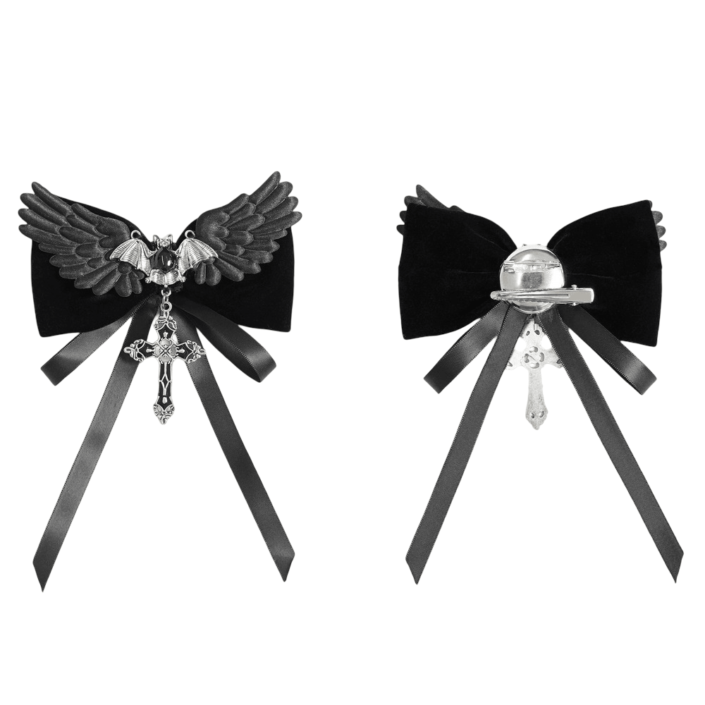 Goth Bat Wing Bow Brooch with Cross Pendant and Ribbon showcasing black velvet bow, bat charm, cross and satin ribbons.