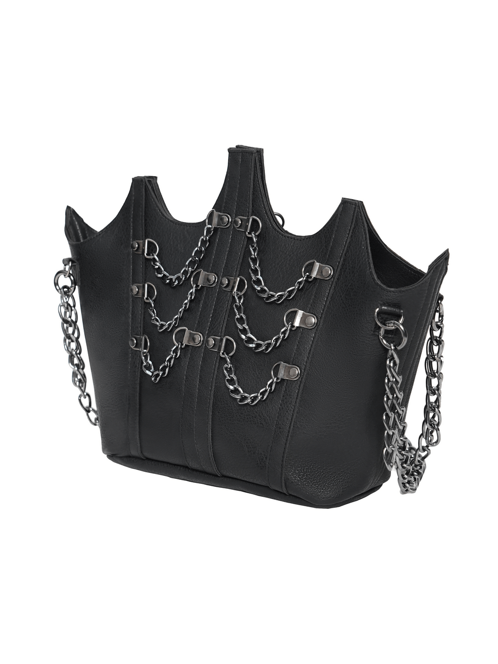 Goth Chain Shoulder Bag with Crown Silhouette Design featuring silver chain details and a textured faux leather finish.