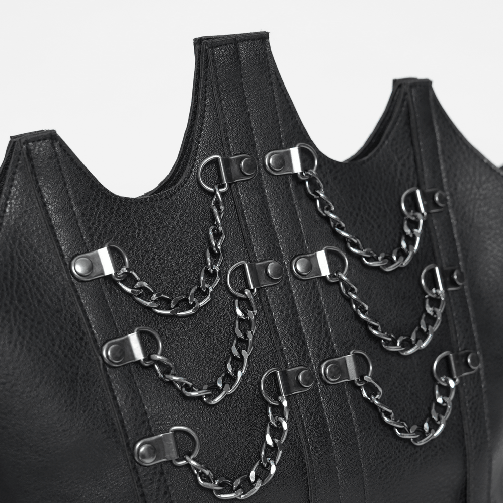 Close-up of Goth Chain Shoulder Bag with Crown Silhouette Design showcasing silver chain details and textured faux leather.