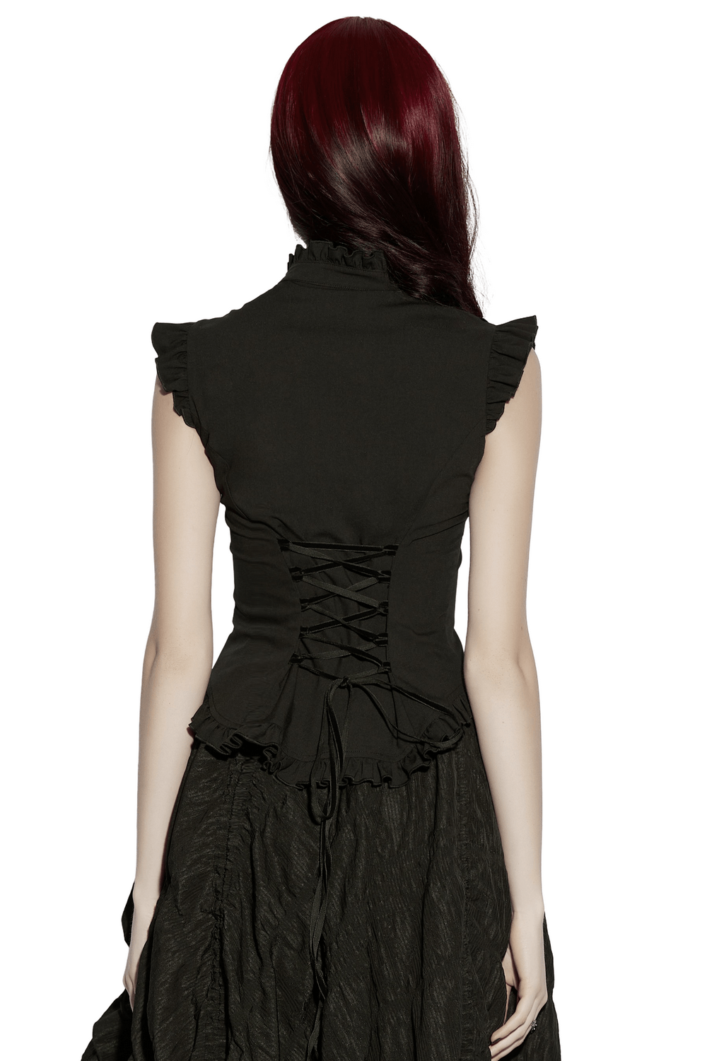 Alt Tag: Goth Flying Shoulder Shirt with Lace and Corset Back back view, black gothic lace-up corset back, ruffle shoulders, fitted silhouette
