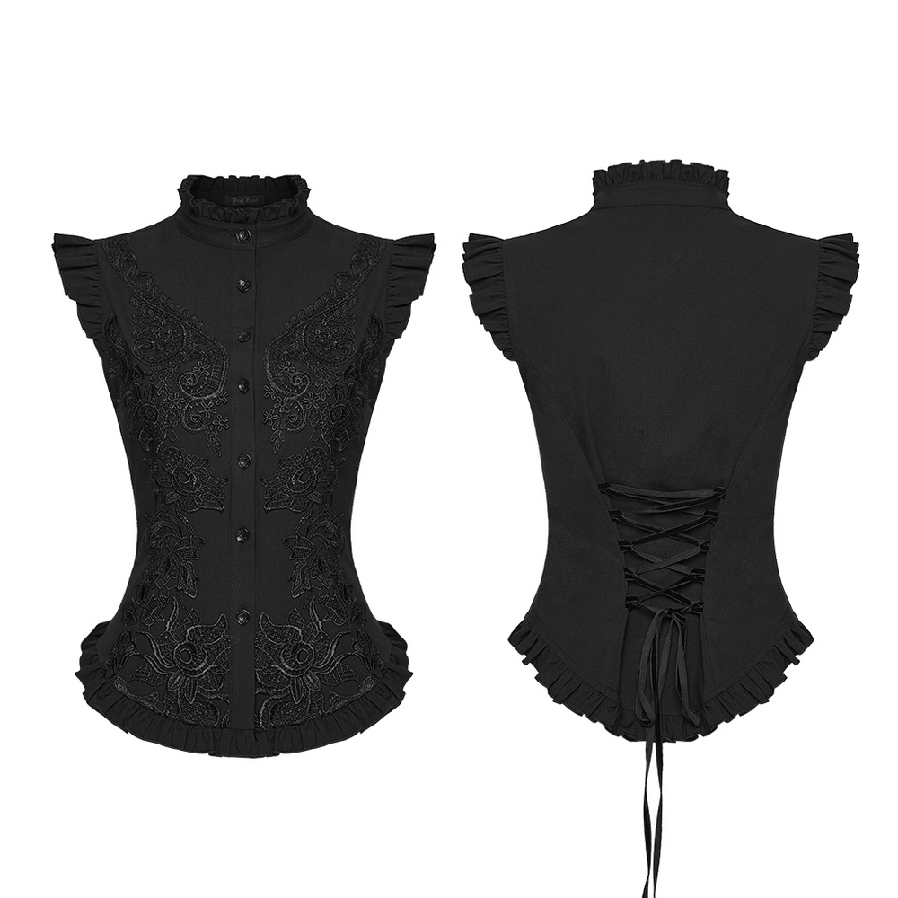 Alt Tag: Goth Flying Shoulder Shirt with Lace and Corset Back black gothic lace ruffle top, front embroidery and corset lace-up back