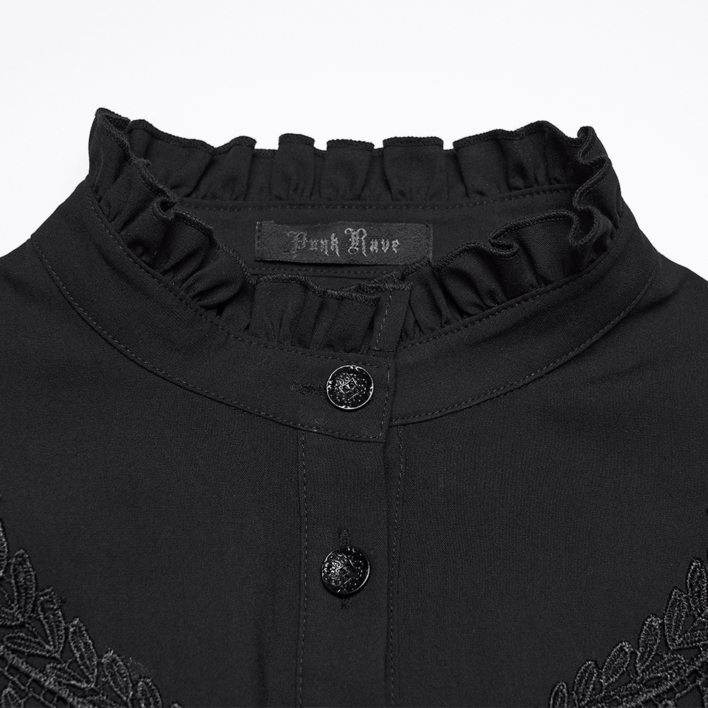 Goth Flying Shoulder Shirt with Lace and Corset Back black ruffle stand collar, ornate lace front decals and gothic buttons