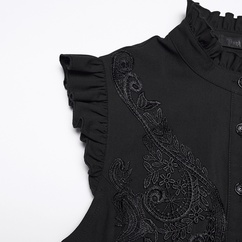 Alt Tag: Goth Flying Shoulder Shirt with Lace and Corset Back close-up, black gothic ruffle shoulder, ornate lace applique, stand collar