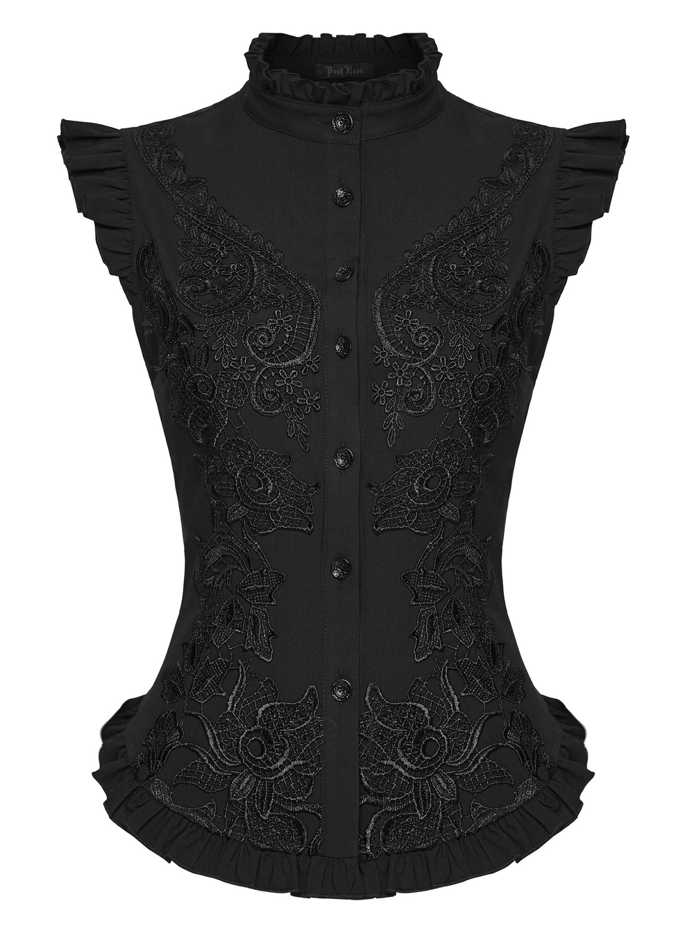 Alt Tag: Goth Flying Shoulder Shirt with Lace and Corset Back black gothic lace ruffle top, stand collar, ornate lace decals, corset back