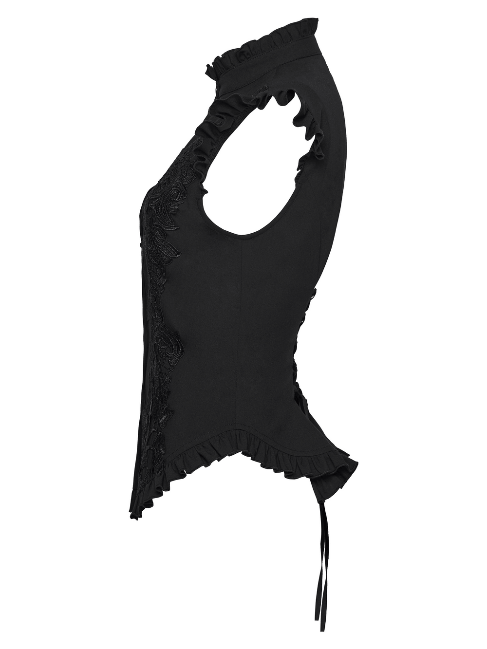 Alt Tag: Goth Flying Shoulder Shirt with Lace and Corset Back black gothic lace ruffle top, side view with frilled hem and corset ties