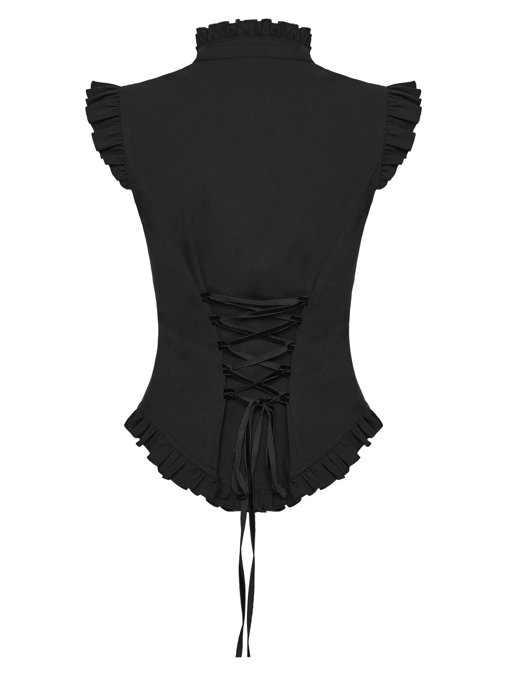 Alt Tag: Goth Flying Shoulder Shirt with Lace and Corset Back black gothic top back view corset lace-up ruffles stand collar