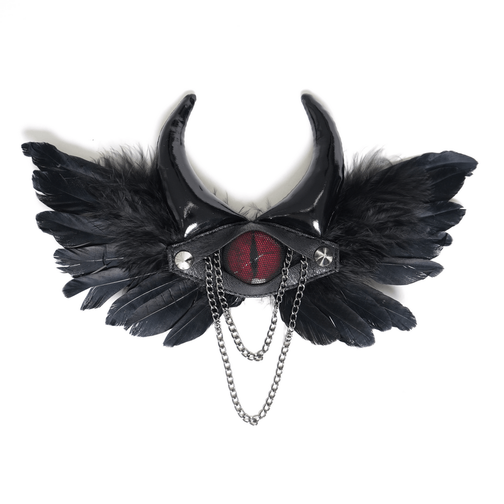 Goth Horn and Feather Brooch with Chain Accents featuring black feathers and red center for gothic style.