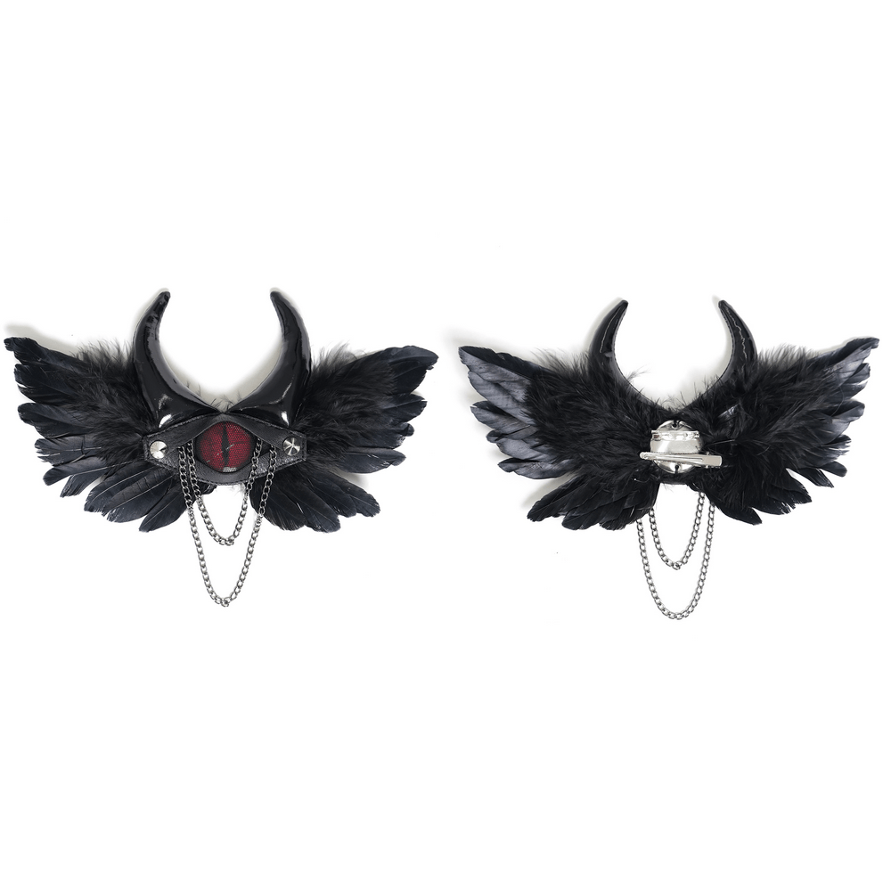 Goth Horn and Feather Brooch with Chain Accents featuring black feathers and curved demon horns, perfect for gothic fashion.