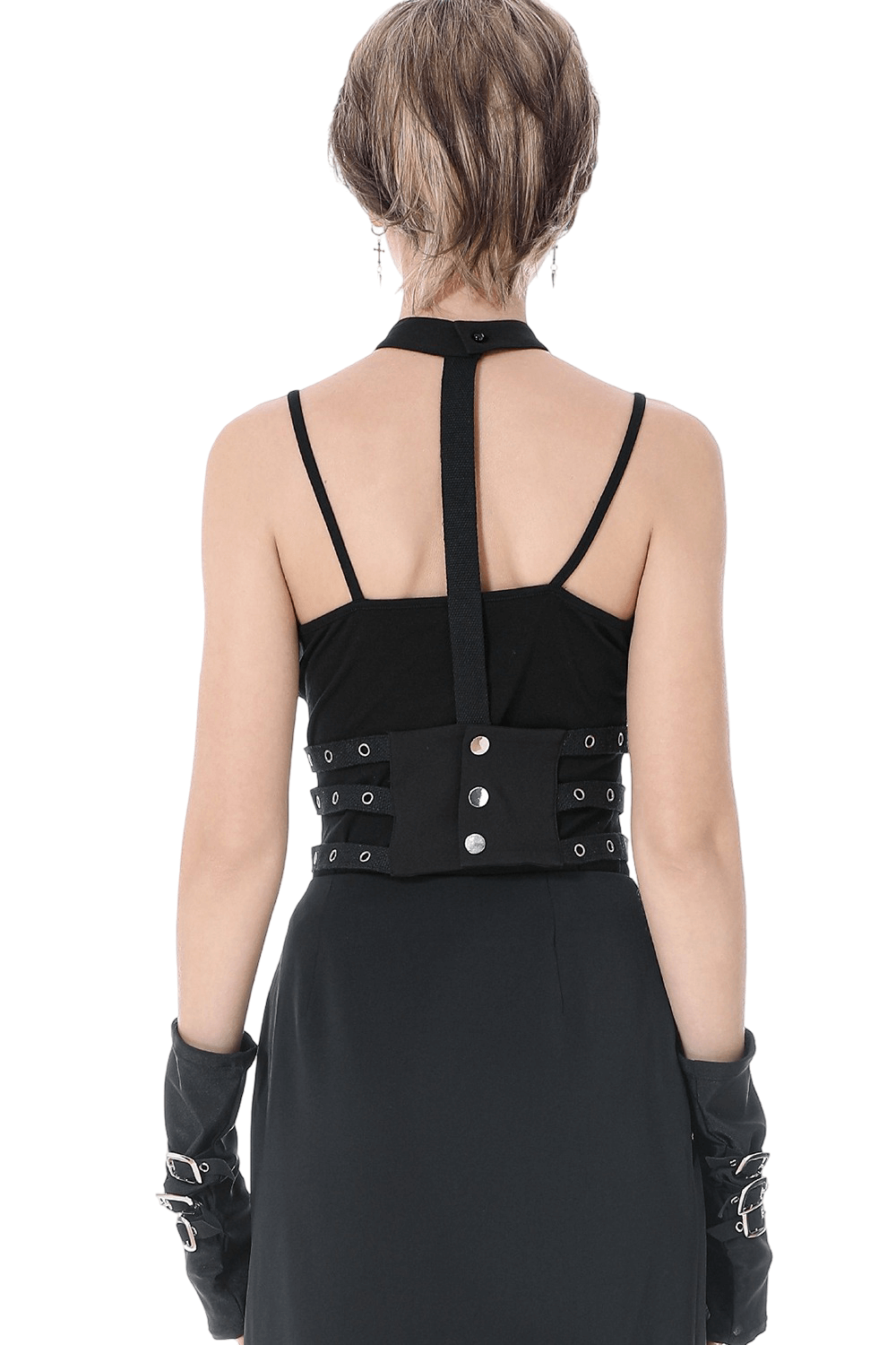 Goth Punk Strappy Chest Harness with Metal Eyelets showcasing the back view and adjustable straps for a perfect fit.