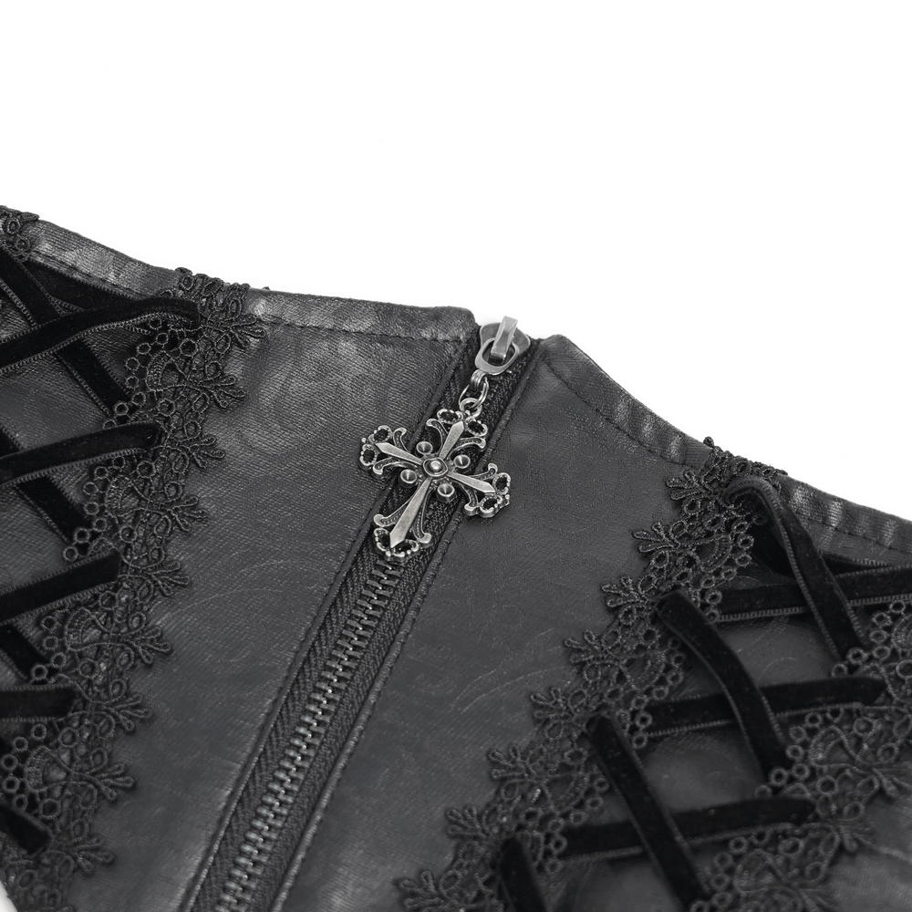 Goth Velvet and Lace Skirt with Ruffle and Rose Detailing zipper detail with lace and cross embellishment.
