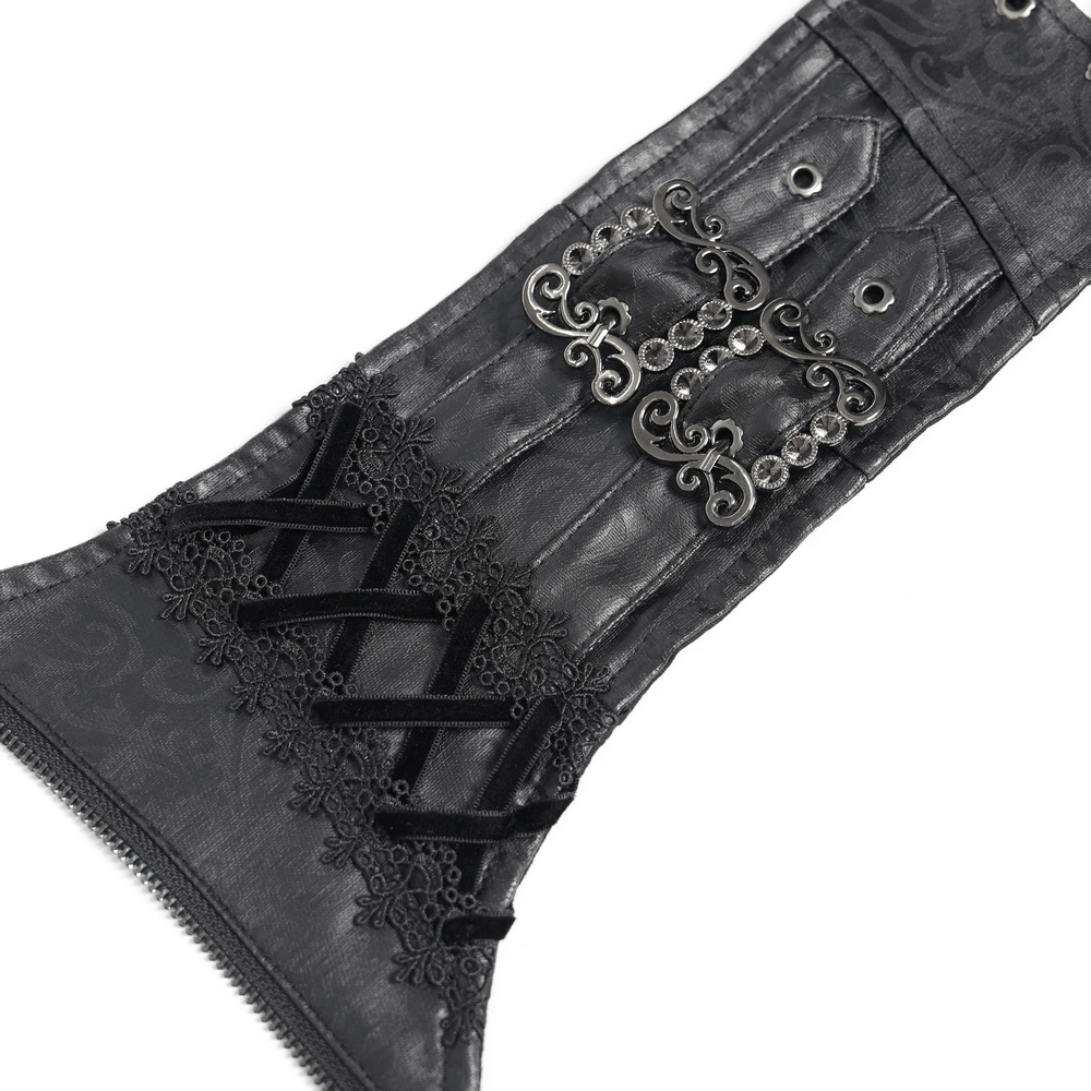 Goth Velvet and Lace Skirt with Ruffle and Rose Detailing close-up view of intricate lace and velvet details