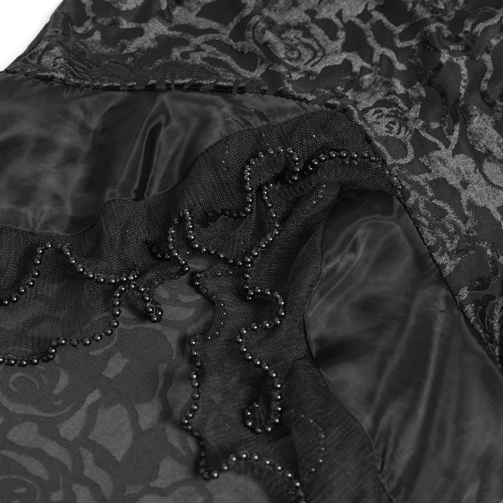 Goth Velvet and Lace Skirt with Ruffle and Rose Detailing close-up showing ruffled lace accents and rose patterns.