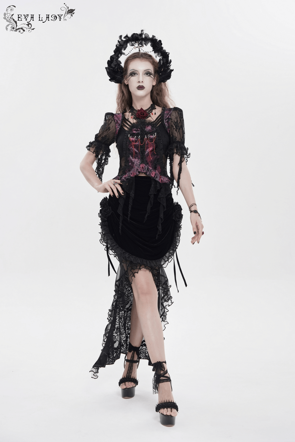 Goth Velvet and Lace Skirt with Ruffle and Rose Detailing worn by a model in an elegant gothic outfit.