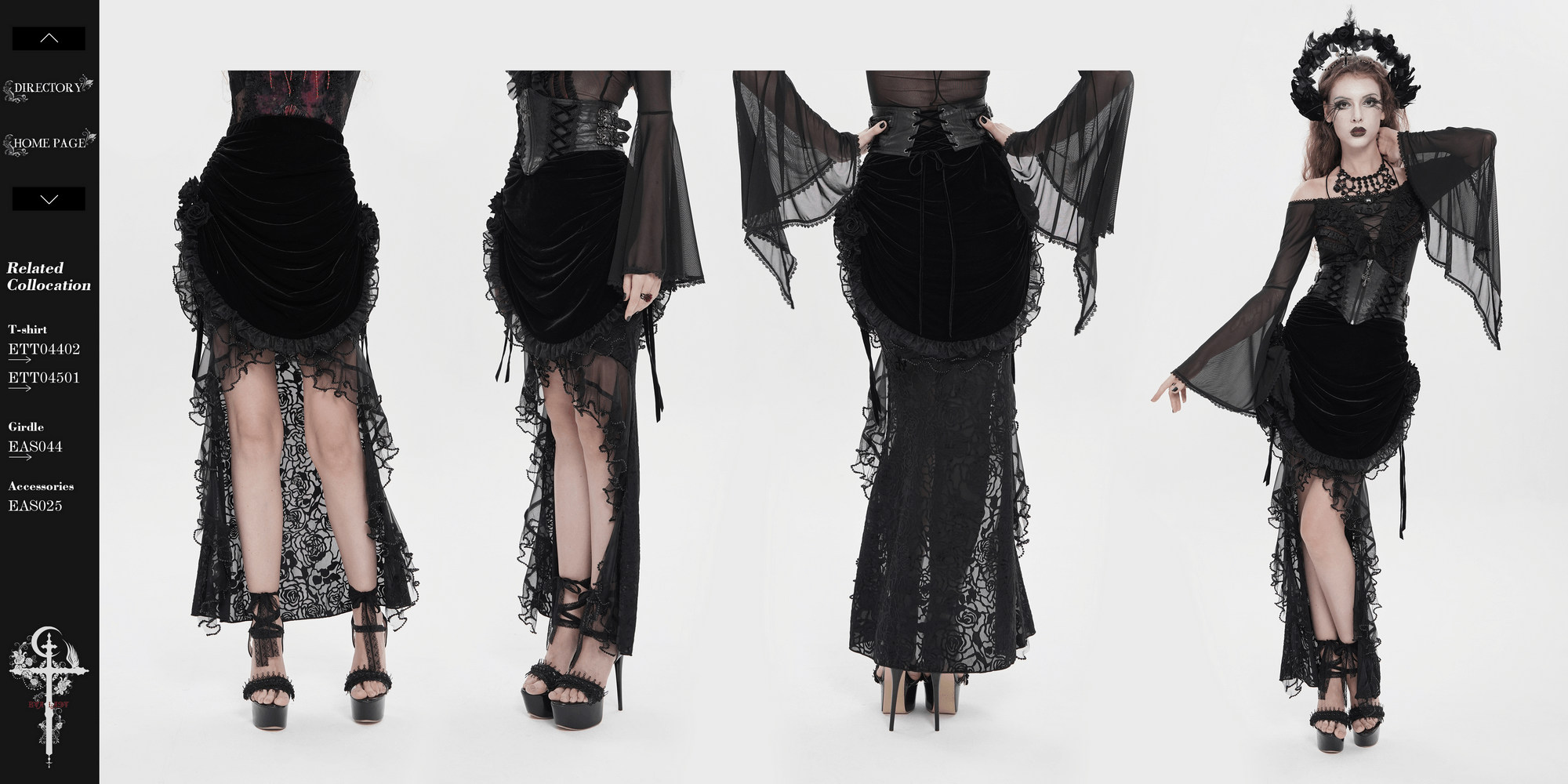 Goth Velvet and Lace Skirt with Ruffle and Rose Detailing showcasing dramatic ruffles and lace accents.