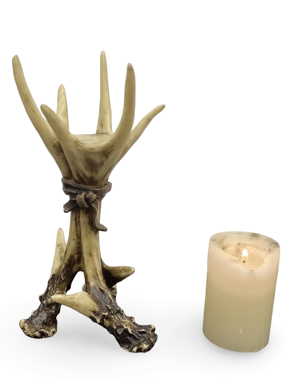 Gothic Antler Candle Holder with Rustic Bone Finish featuring weathered branches and rope detail, perfect for creating a mystical atmosphere.