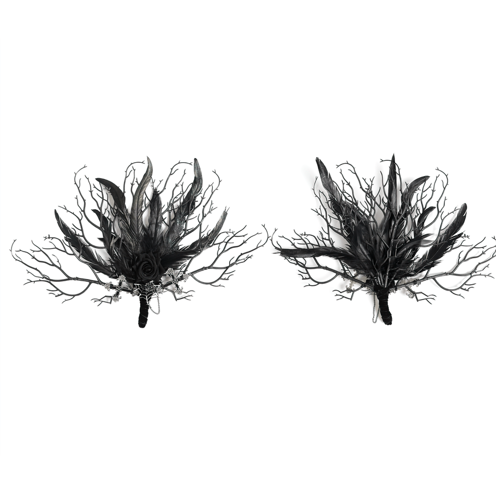 Gothic Black Feather and Twig Hand Fan with Cross Charms featuring black feathers and branch accents.