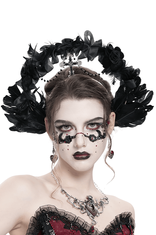 Gothic Black Halo Crown with Feathers and Cross Decor