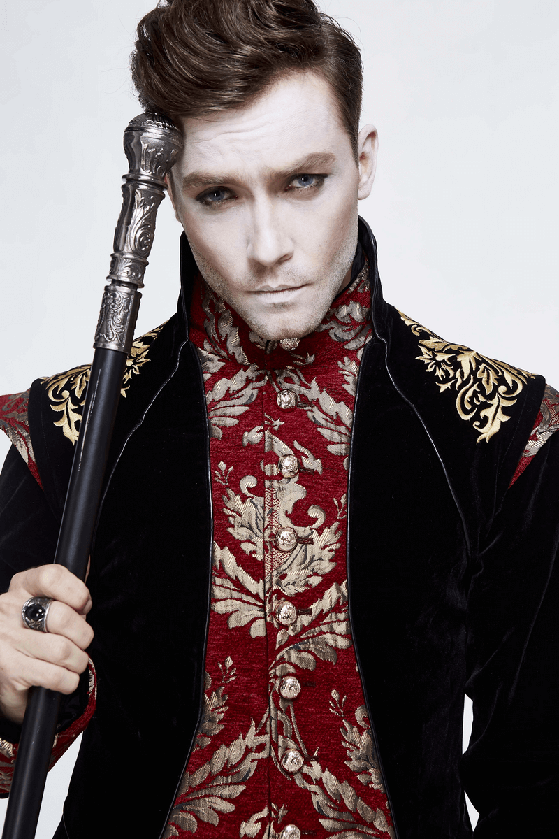 Model showcasing Gothic black long tail coat with vintage pattern and stylish accessories.