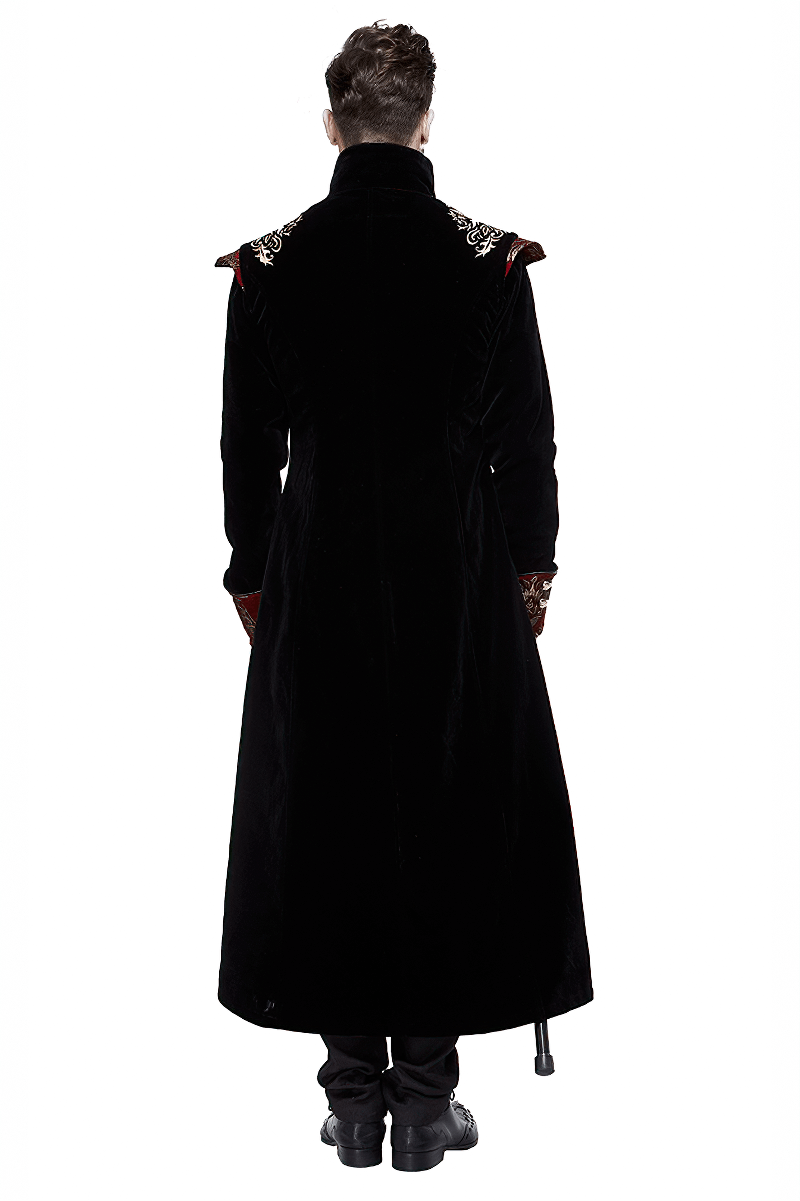 Back view of a men's vintage gothic black long tail coat with intricate gold details and stylish velvet fabric.