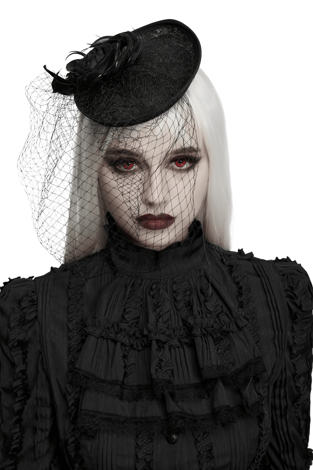 Gothic Black Veil Fascinator with Feather Trim worn by model with dramatic makeup and vintage attire.