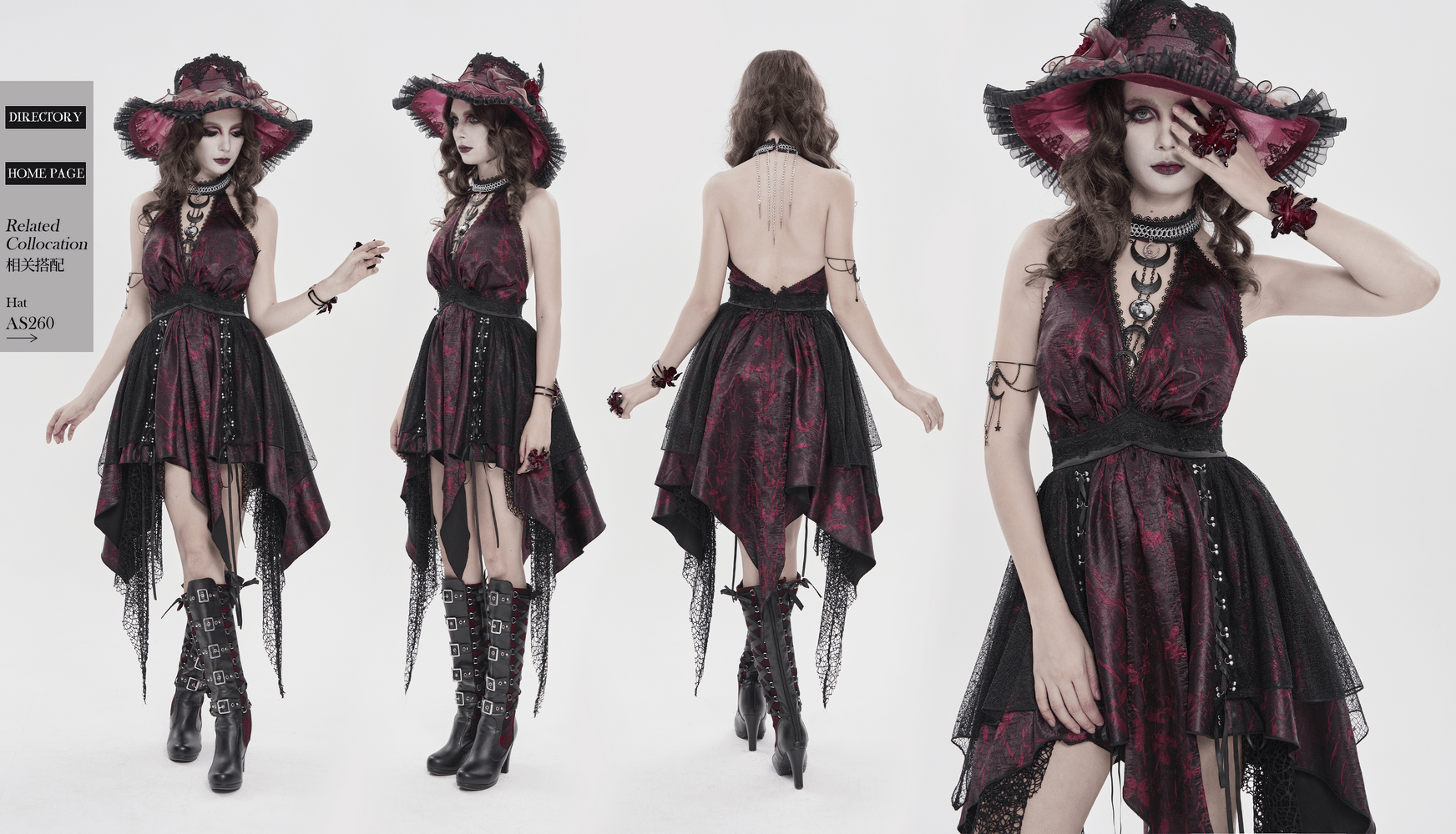 Gothic Burgundy Halter Dress with Lace Layers worn by a model showcasing different angles.