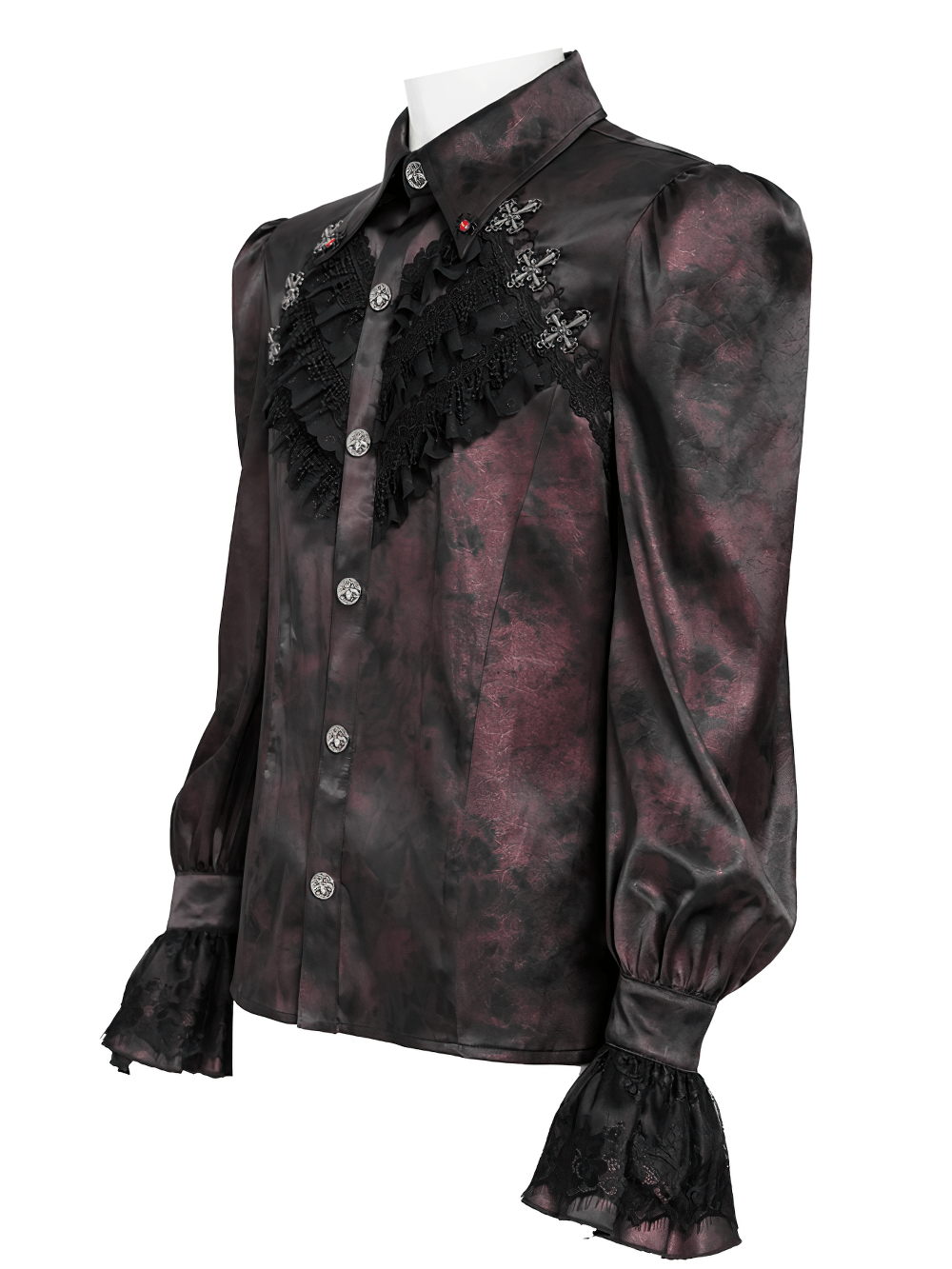 Gothic Burgundy Lace Button Shirt with Puff Sleeves featuring dramatic lace details and silver-tone cross ornaments.